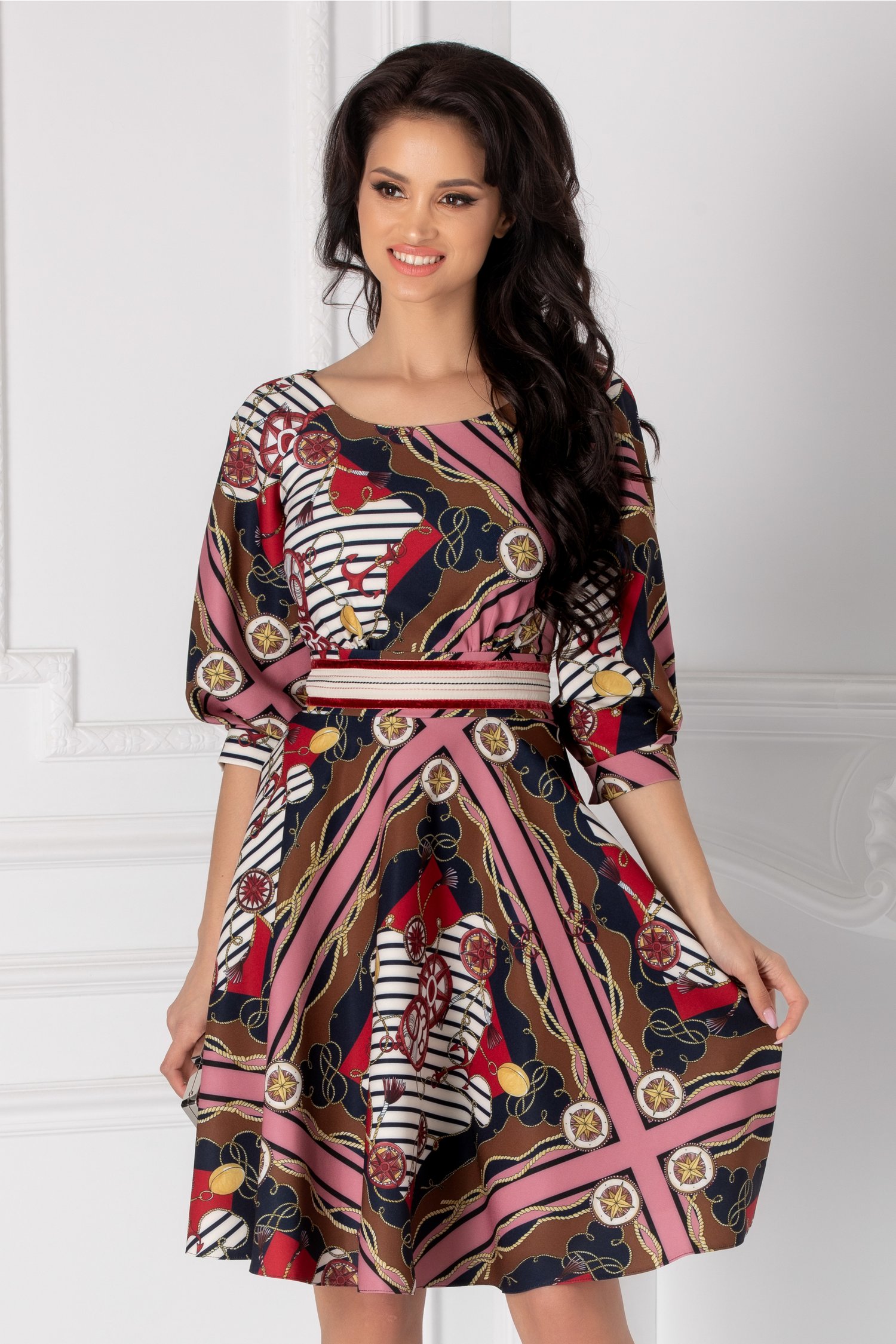 Rochie LaDonna cu imprimeu marinaresc si dungi roz