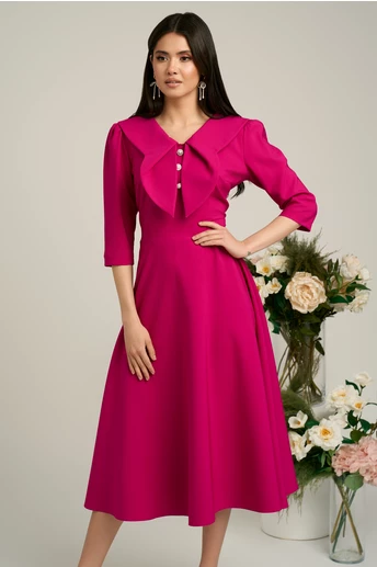 Rochie LaDonna fucsia clos de ocazie cu guler maxi si nasturi perluta