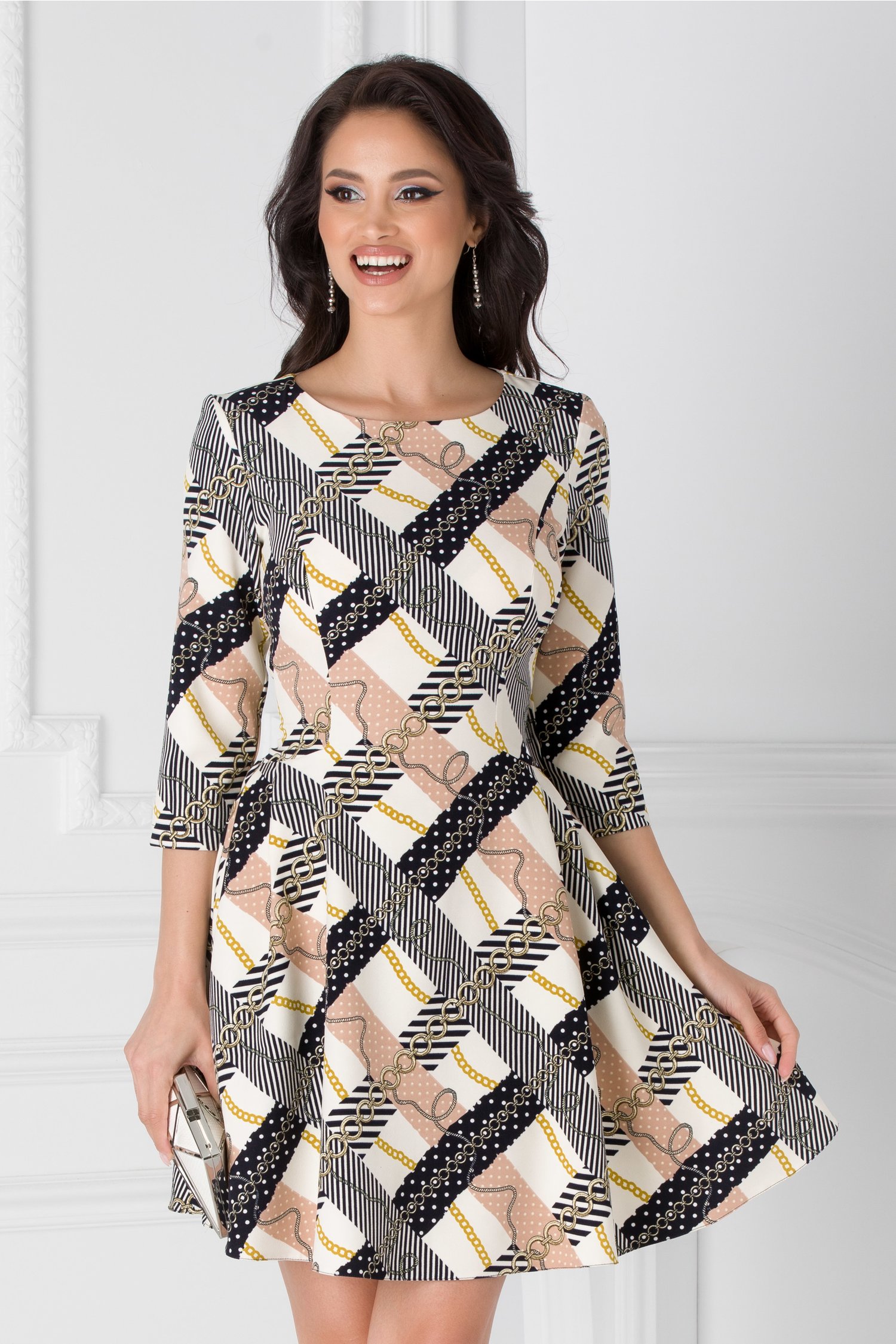 Rochie LaDonna ivoire cu dungi bej si imprimeu divers
