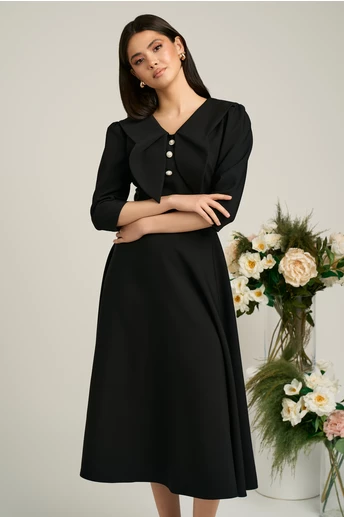 Rochie LaDonna neagra clos de ocazie cu guler maxi si nasturi perluta