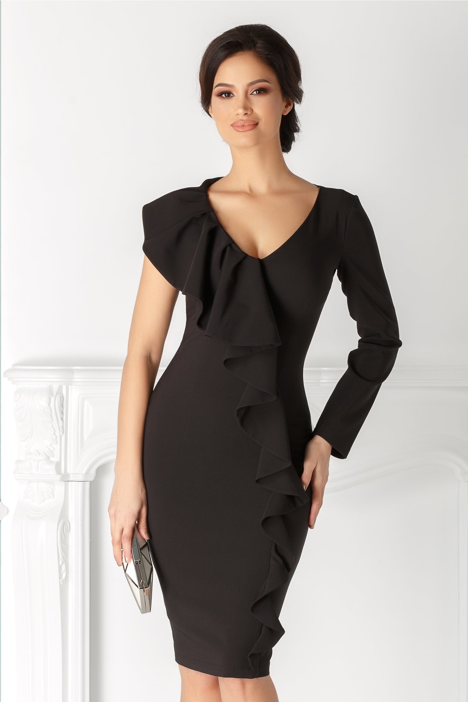 Rochie LaDonna neagra cu volan fara o maneca