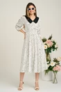 Rochie LaDonna office din satin alba cu picatele si guler maxi negru