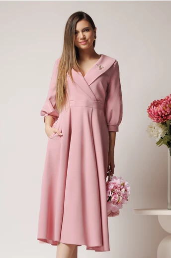 Rochie LaDonna office din stofa roz cu bust petrecut si rever