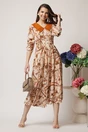 Rochie LaDonna office din voal bej cu print chain si guler maxi alb