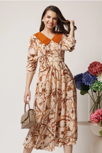 Rochie LaDonna office din voal bej cu print chain si guler maxi alb