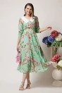 Rochie LaDonna office din voal verde cu flori roz si guler maxi alb