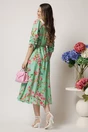 Rochie LaDonna office din voal verde cu flori roz si guler maxi alb