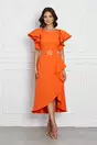 Rochie LaDonna orange cu volan pe fusta si cordon cu catarama in talie