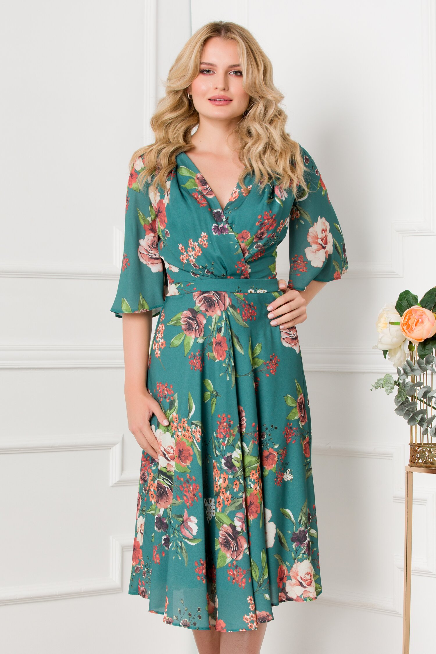 Rochie LaDonna turcoaz cu imprimeu floral