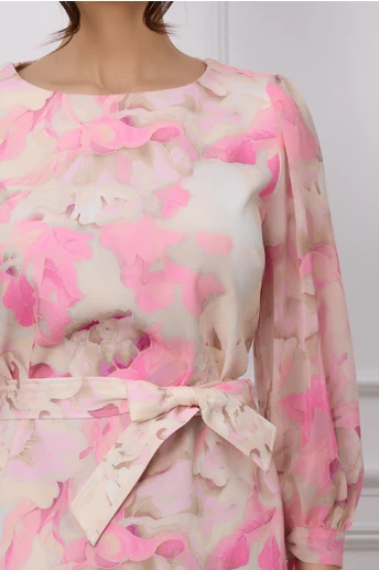 Rochie Larisa bej cu imprimeu roz si cordon in talie