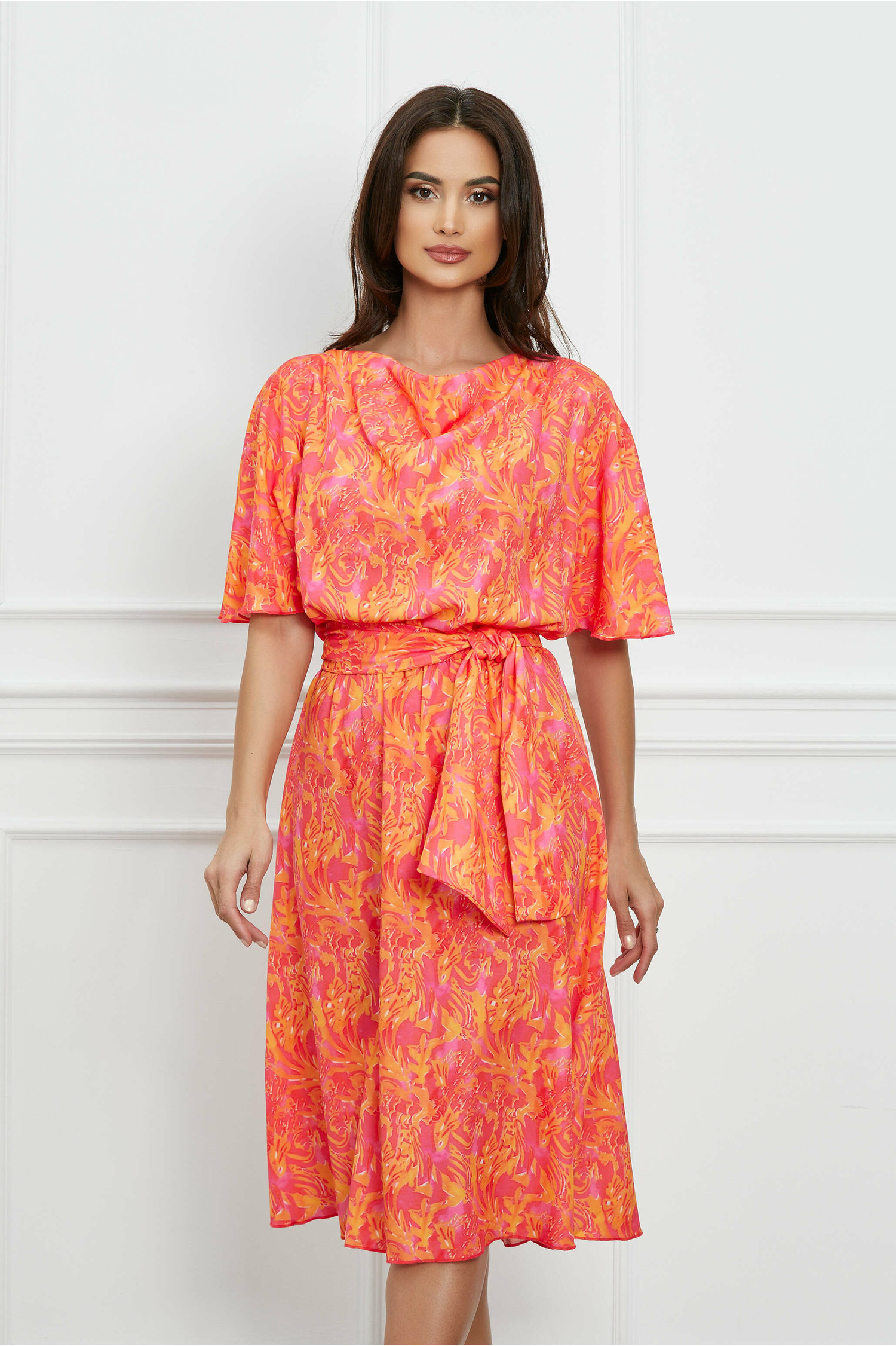 Rochie Larisa fucsia cu imprimeuri orange