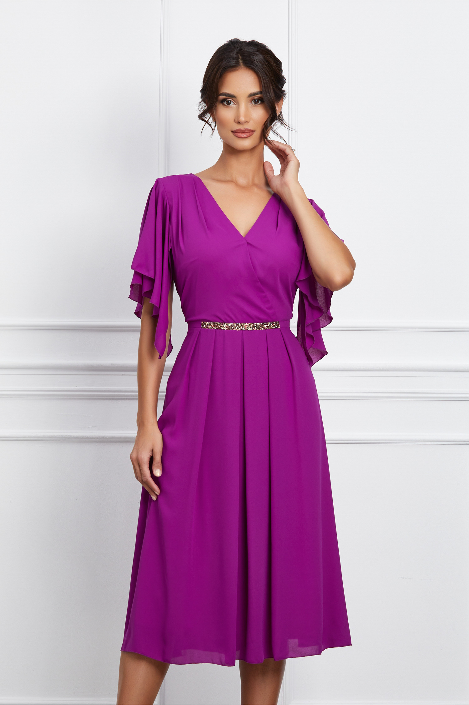 Rochie violet din voal cu strasuri in talie - Rochii-Dama.ro