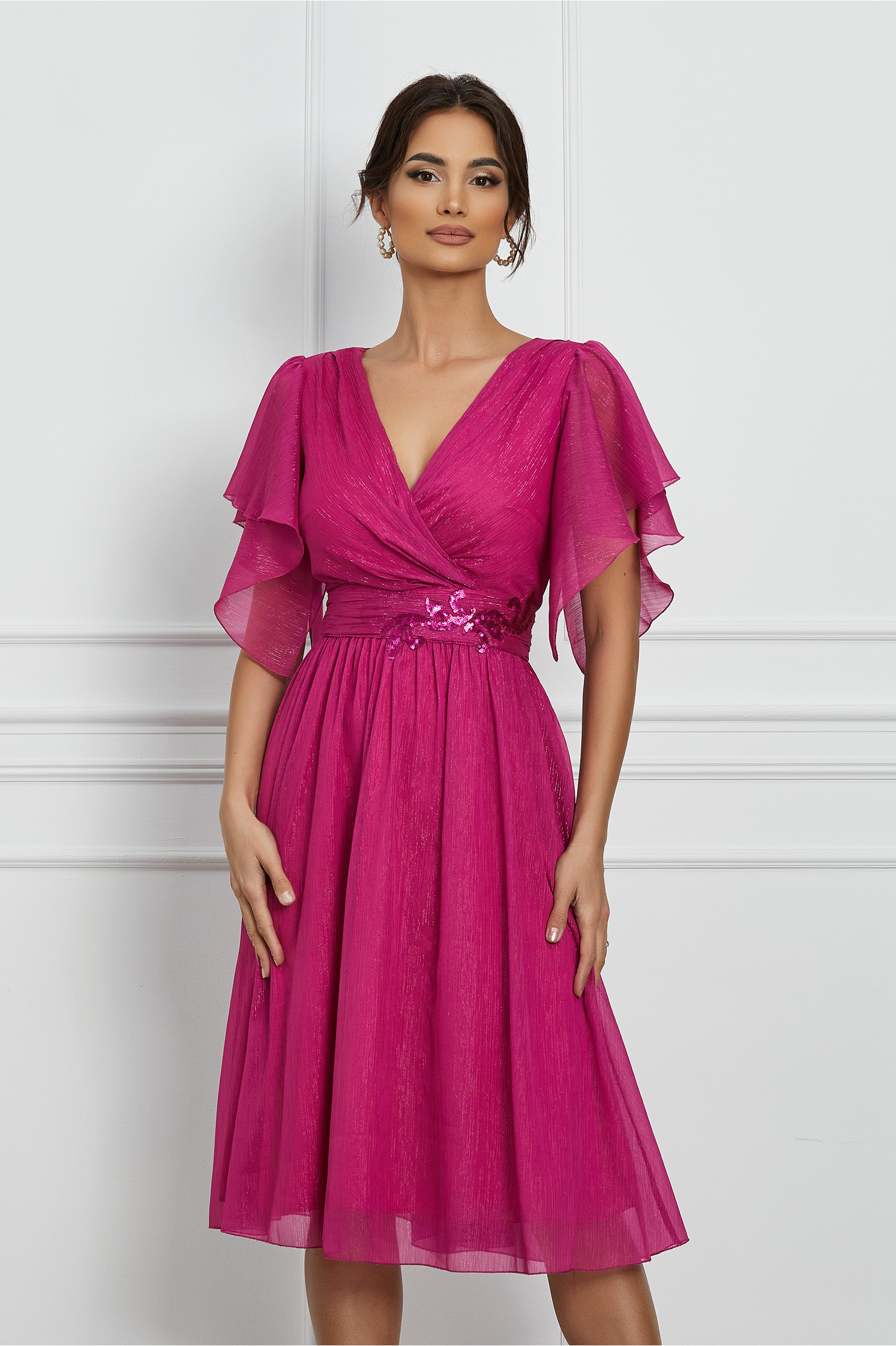 Rochie Laura fucsia cu fir lurex si paiete in talie - Rochii-Dama.ro