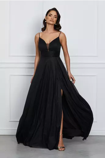 Rochie Laura lunga neagra cu glitter si pliuri pe talie