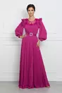 Rochie Laura magenta lunga cu broderie florala si curea in talie