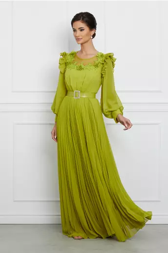 Rochie Laura verde lime lunga cu broderie florala si curea in talie
