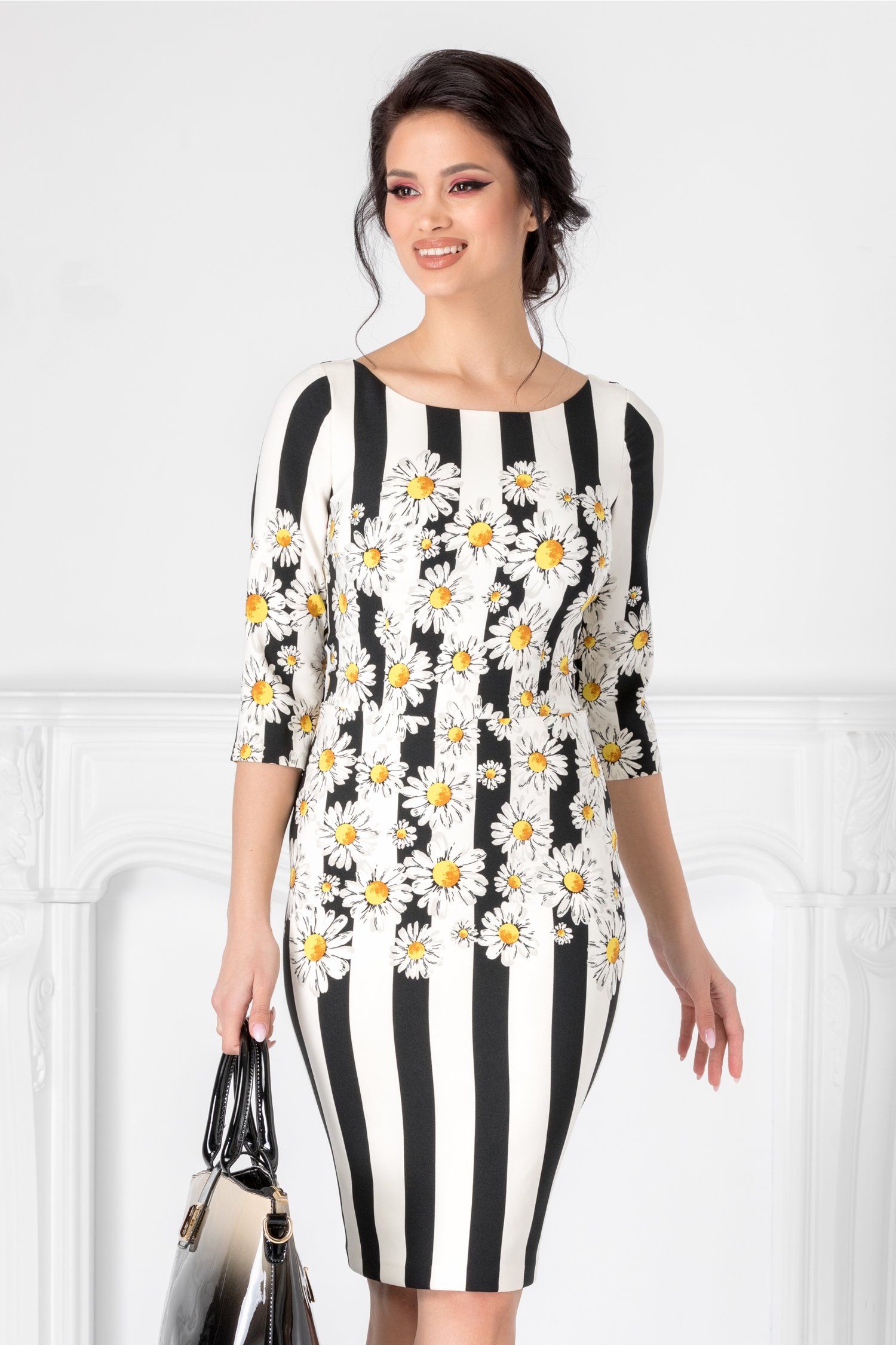 Rochie Leonard Collection alba cu dungi negre si imprimeu floral