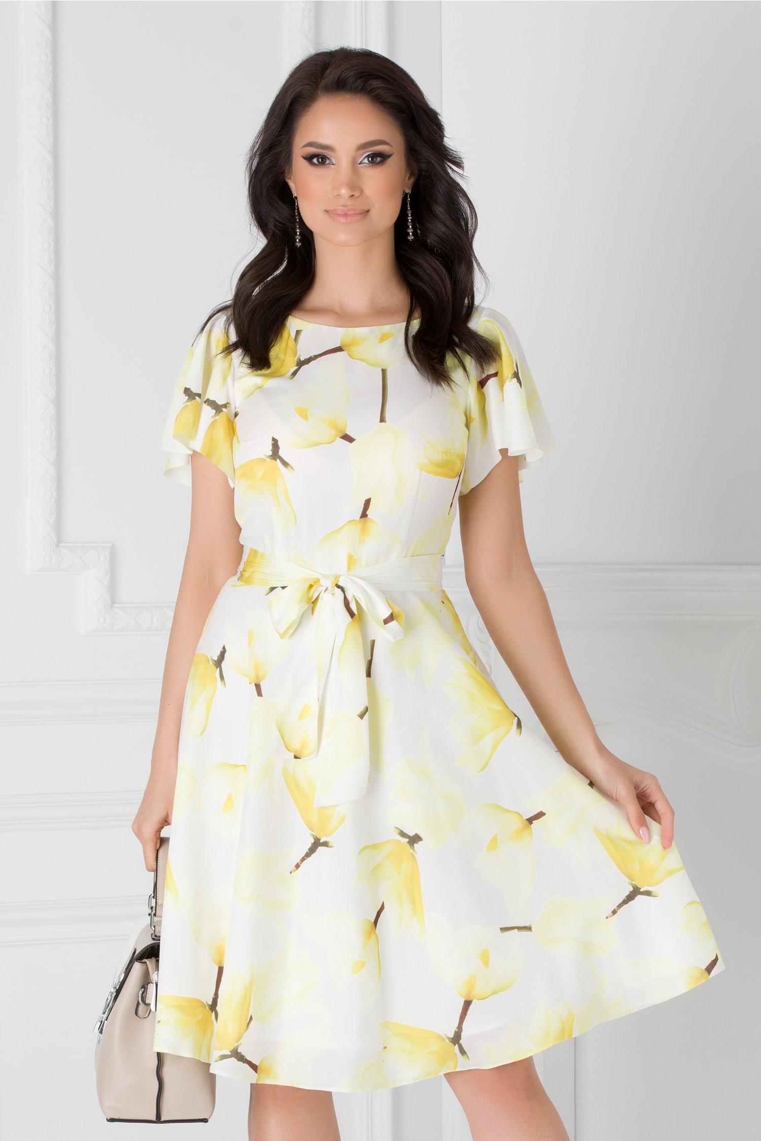 Rochie Leonard Collection alba cu imprimeu pastelat si cordon in talie