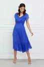 Rochie Leonard Collection albastra cu volanas la bust si decolteu in v