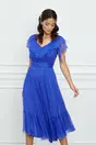 Rochie Leonard Collection albastra cu volanas la bust si decolteu in v