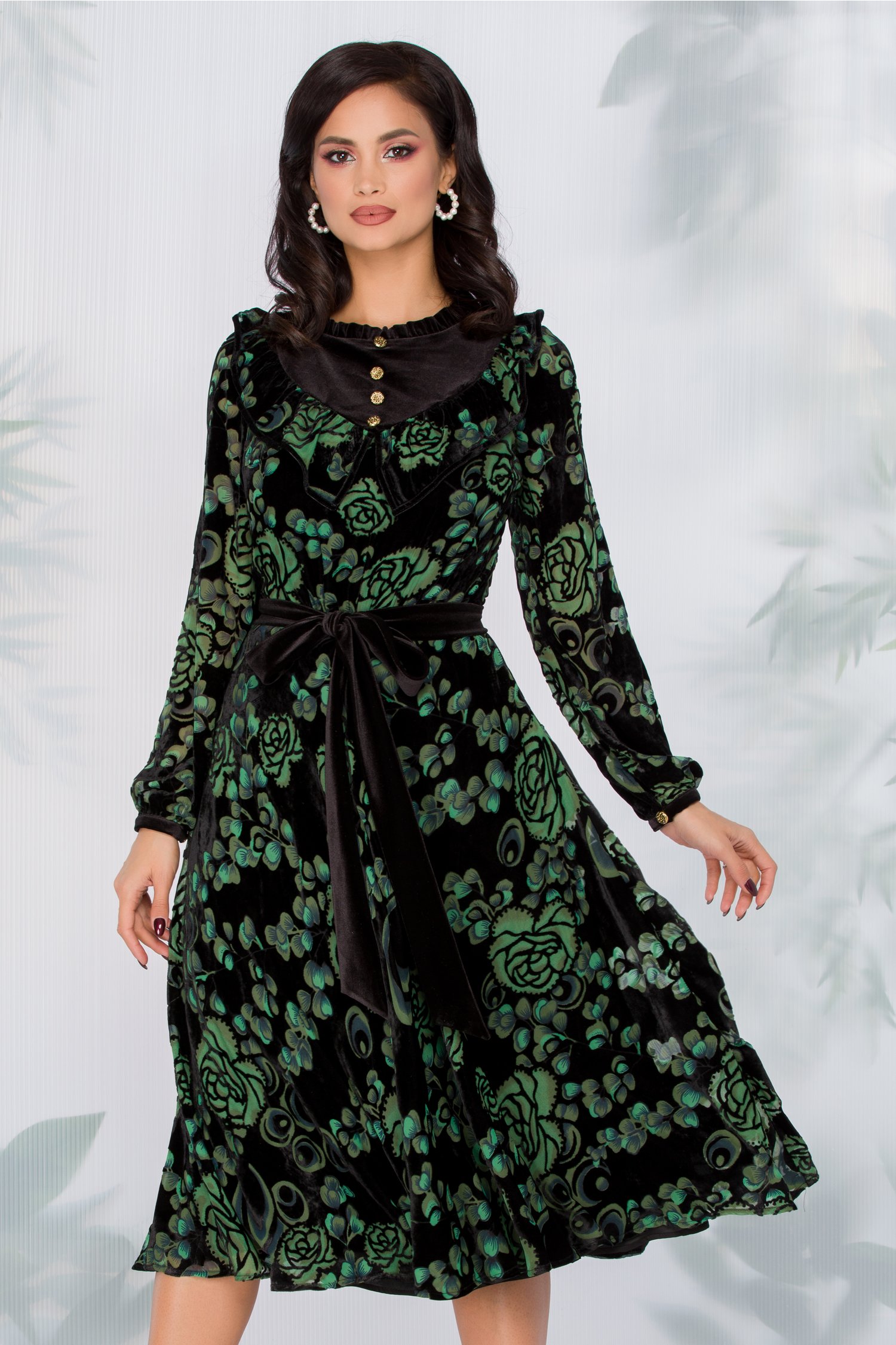 Rochie leonard din catifea neagra si imprimeu in nuante de verde si gri fashion 4me