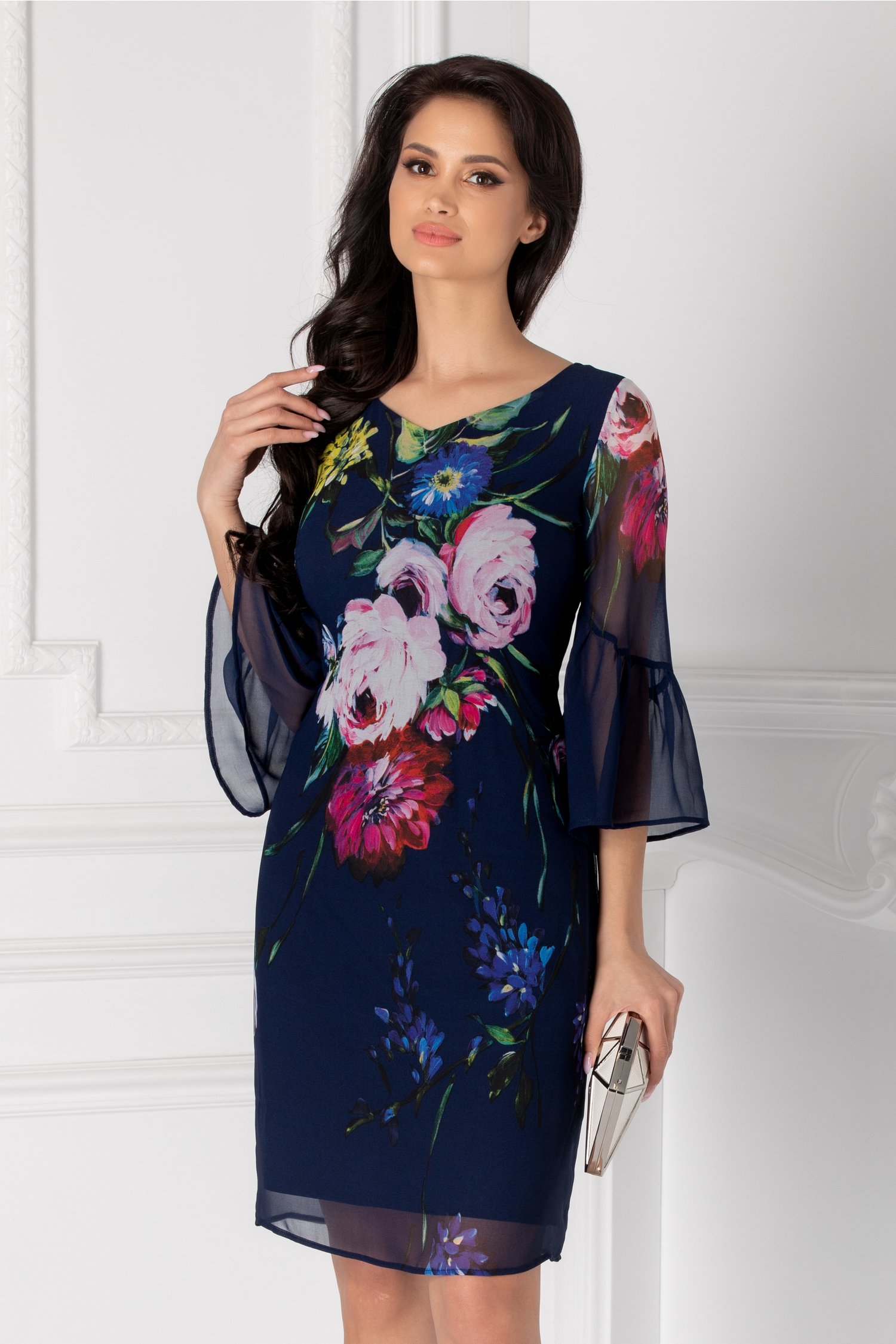 Rochie Leonard Collection din voal bleumarin cu imprimeu floral colorat
