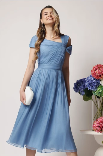 Rochie Leonard Collection eleganta din matase naturala bleu cu maneci scurte