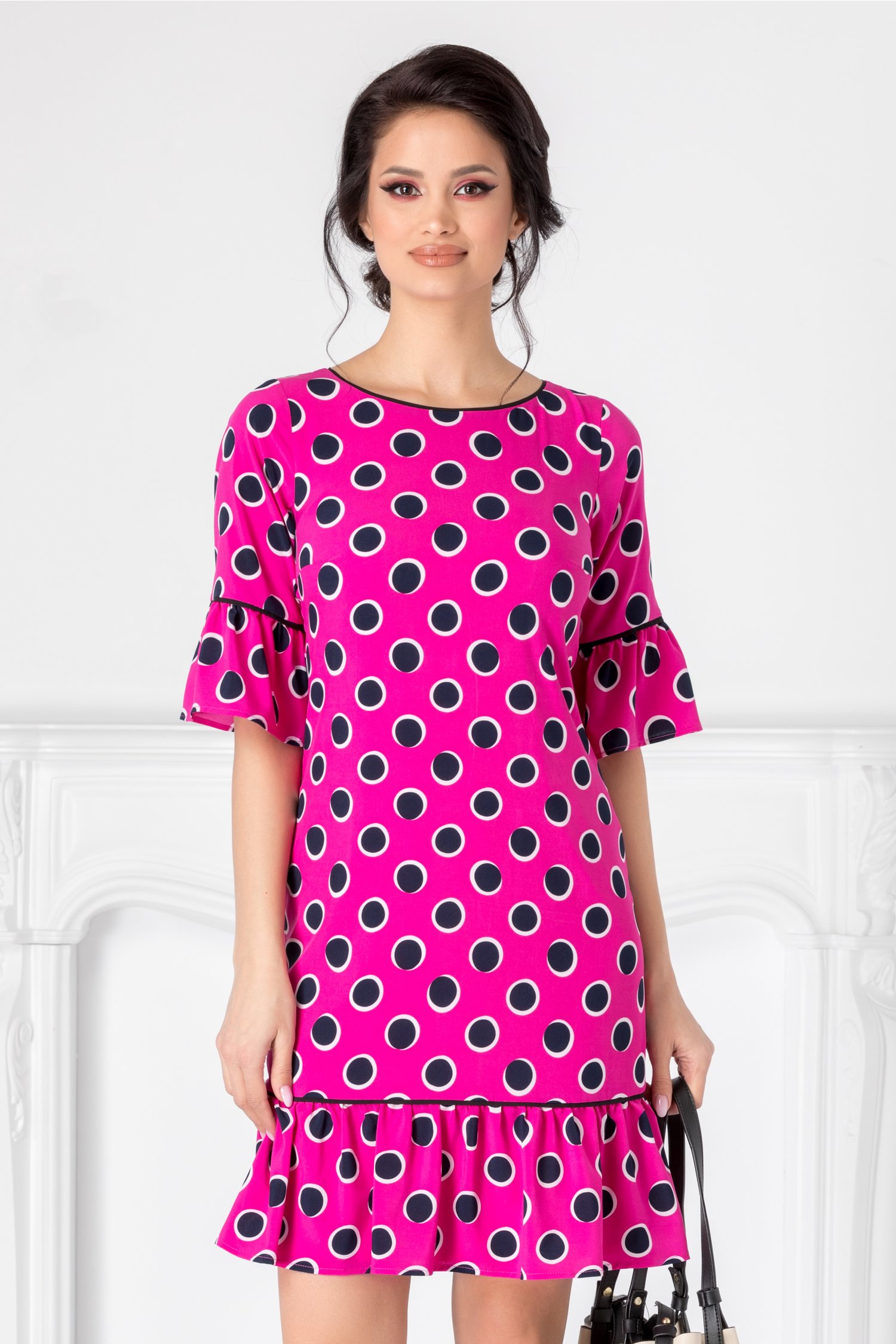 Rochie leonard collection fucsia cu buline bleumarin