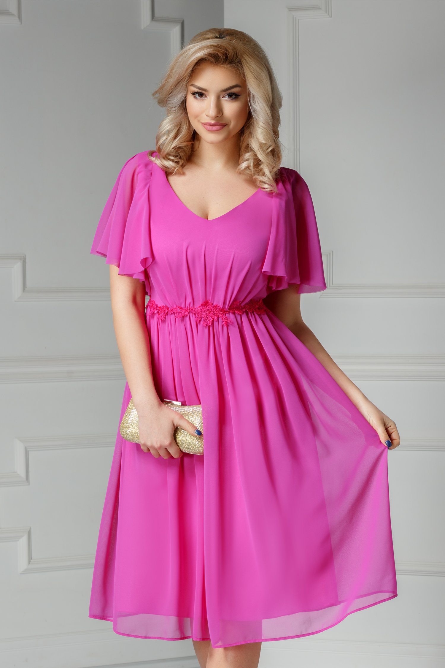 Rochie Leonard Collection fucsia din voal cu broderie