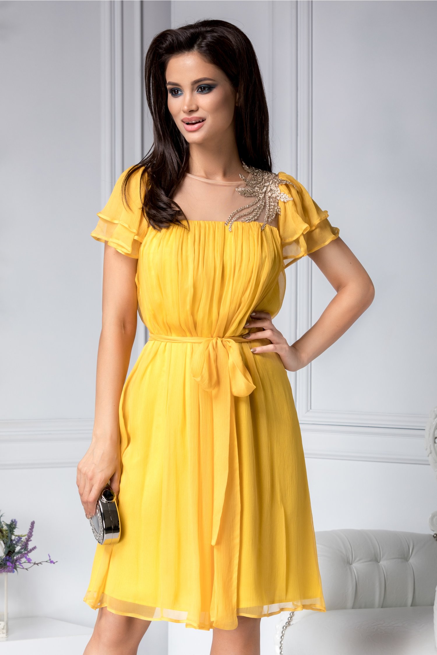 Rochie Leonard Collection galbena din matase naturala