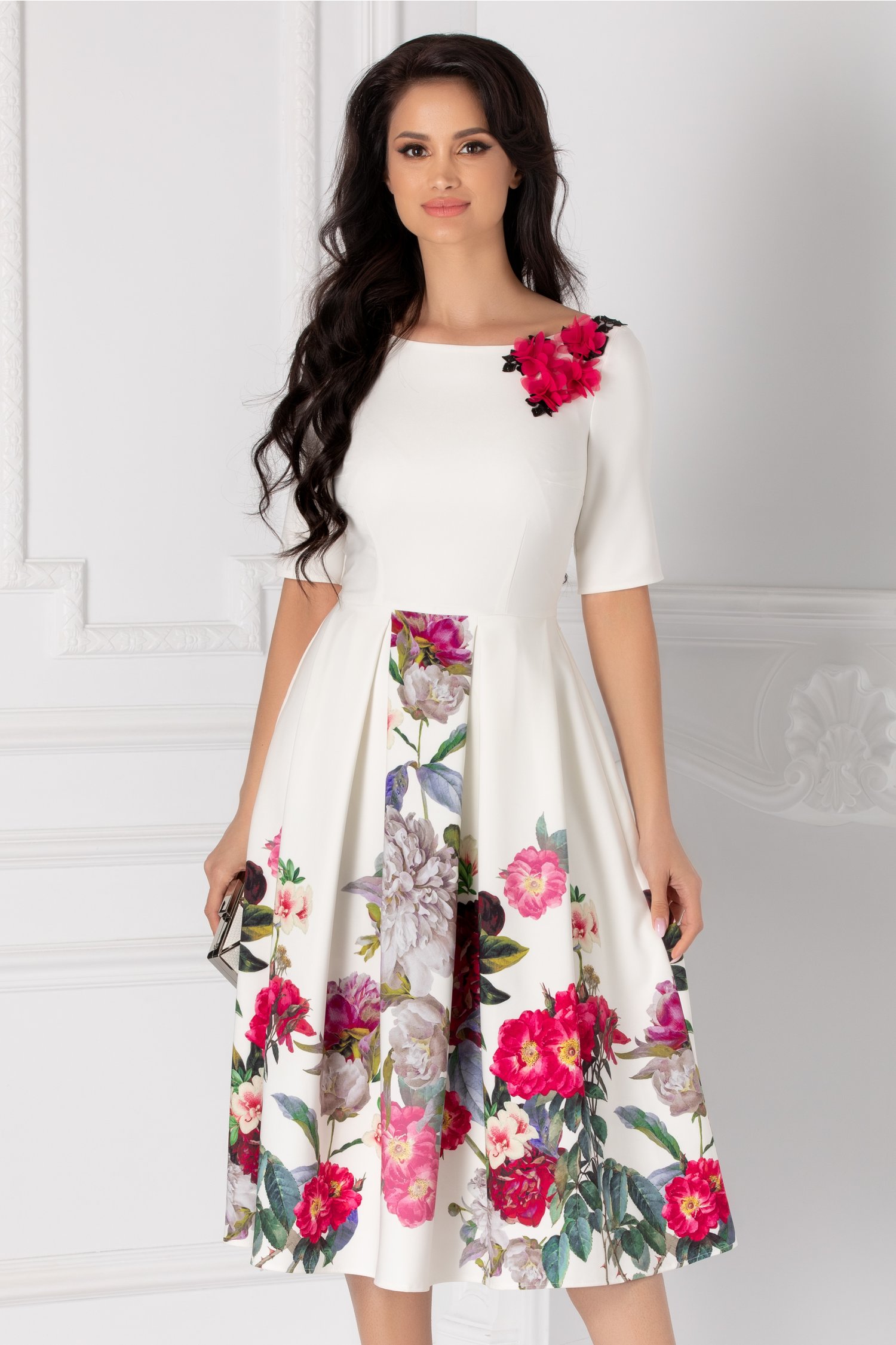 Rochie Leonard Collection ivoire cu imprimeu floral la fusta si flori 3D