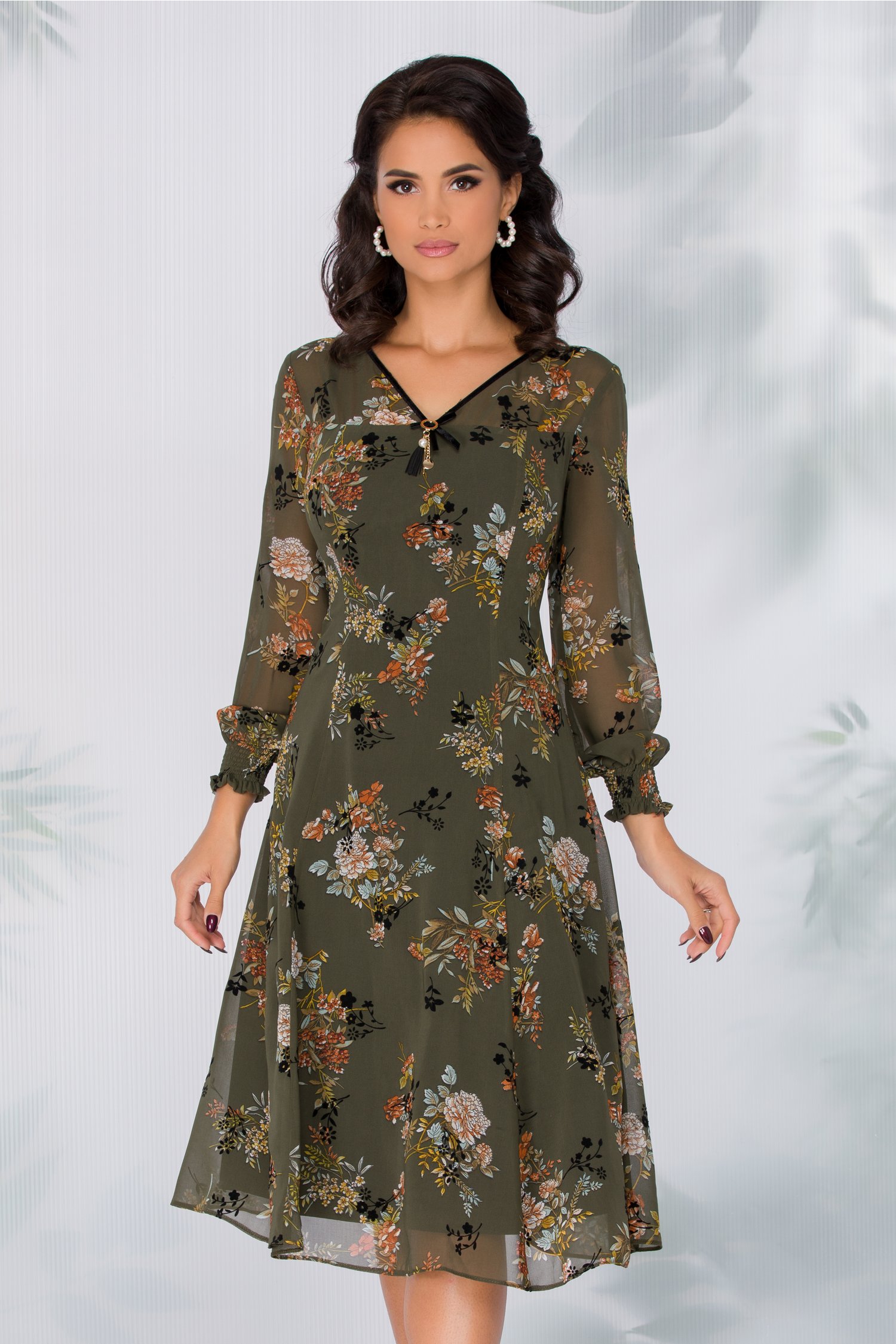 Rochie leonard collection kaki cu imprimeu floral si insertii din catifea