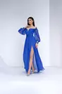 Rochie Leonard Collection lunga albastra cu tull si aplicatii florale