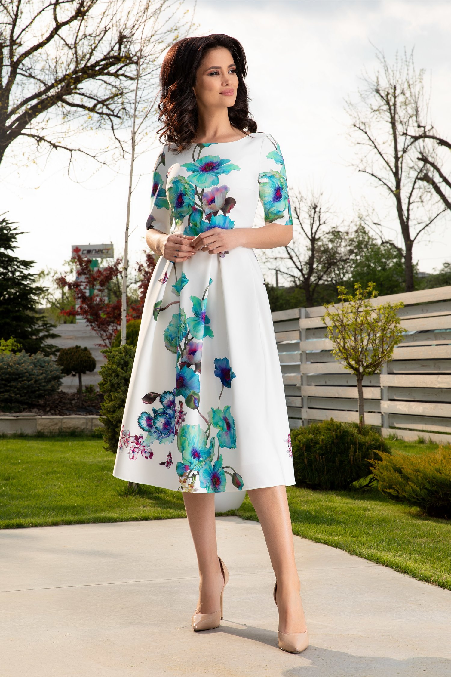 Rochie Leonard Collection midi alba cu imprimeu floral turcoaz