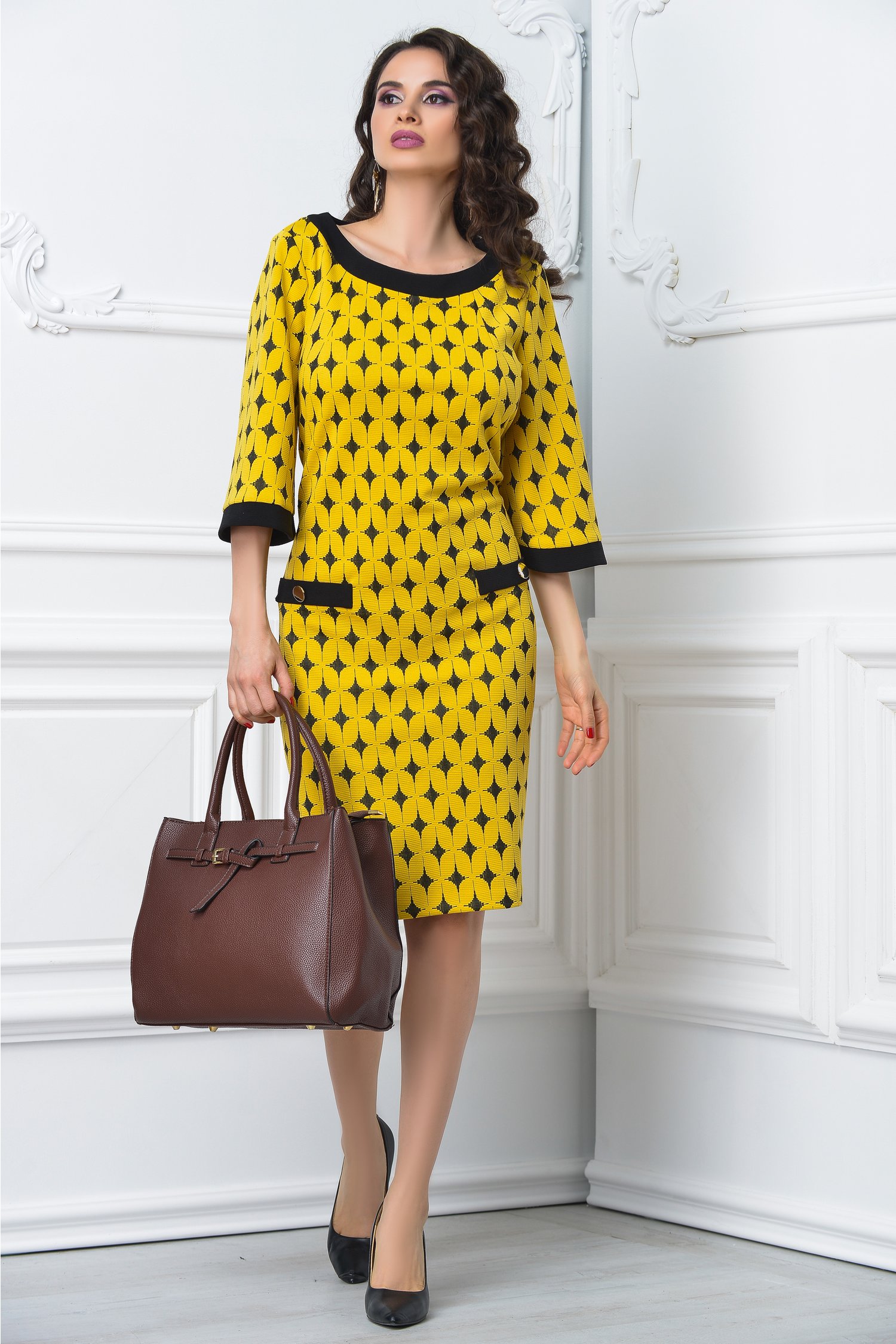 Rochie Leonard Collection midi galbena maneci evazate