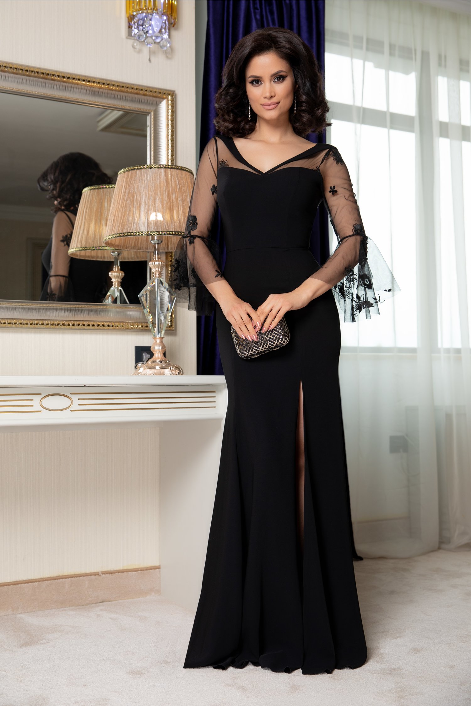 Rochie Leonard Collection neagra cu maneci din tull brodat