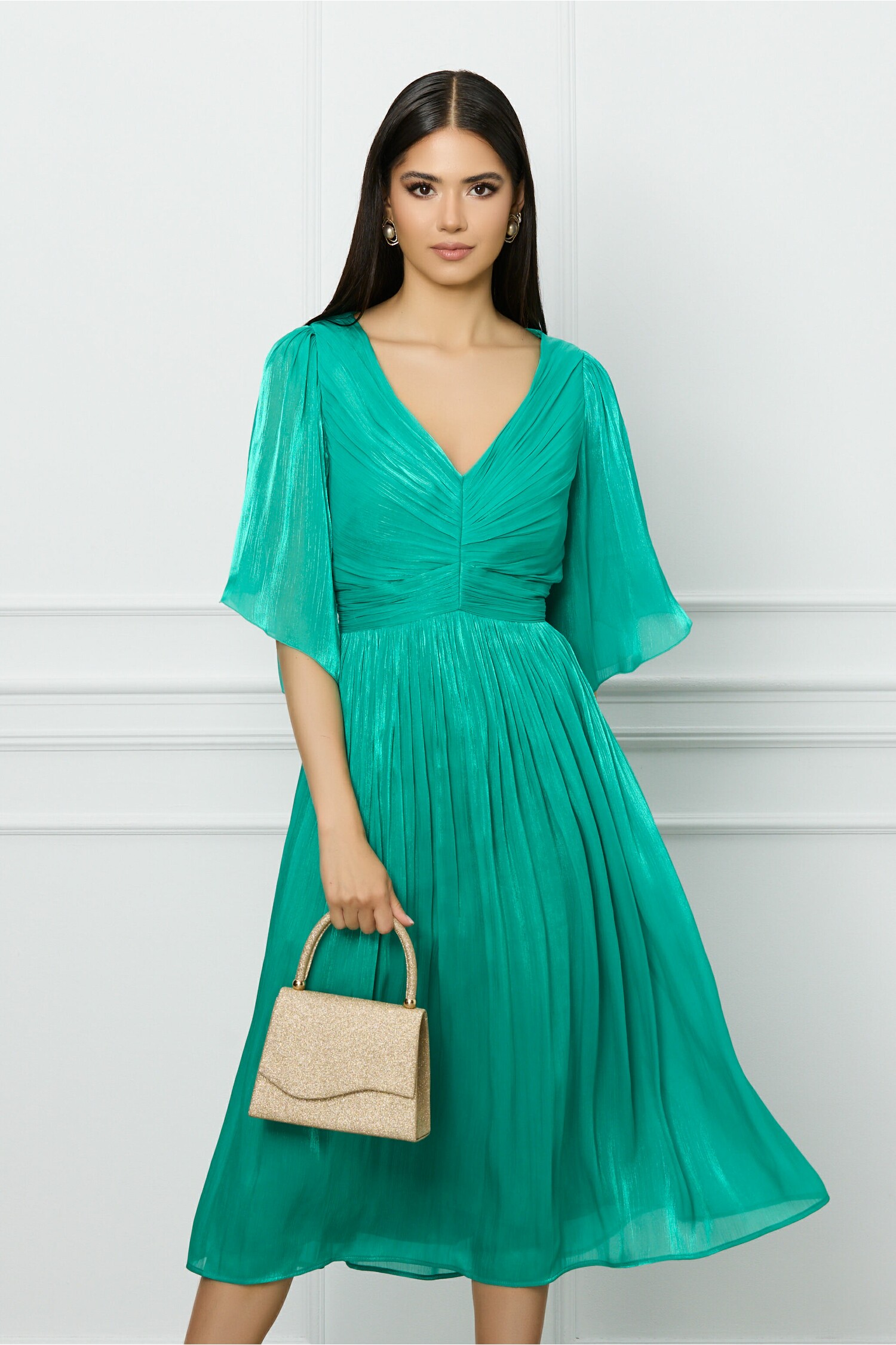 Rochie Leonard Collection verde din voal cu fir lurex