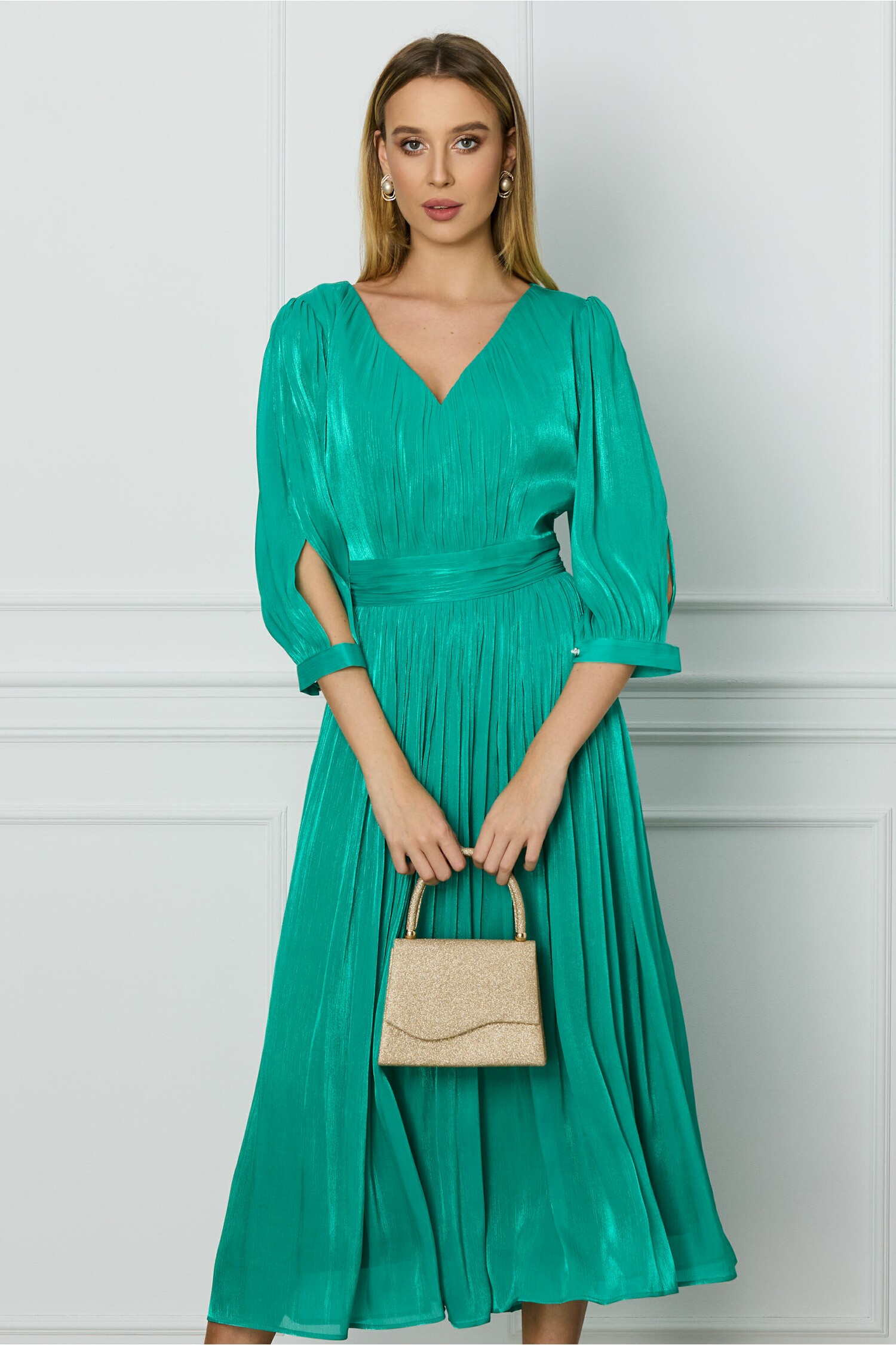 Rochie Leonard Collection verde din voal cu reflexii