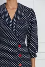 Rochie Leticia bleumarin cu buline si nasturi rosii pe fusta