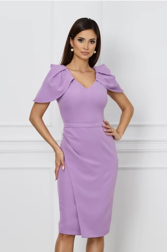 Rochie lila de ocazie cu maneci lalea si perle pe talie