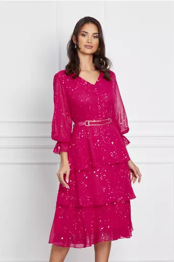 Rochie Lora fucsia cu picatele aurii si curea in talie