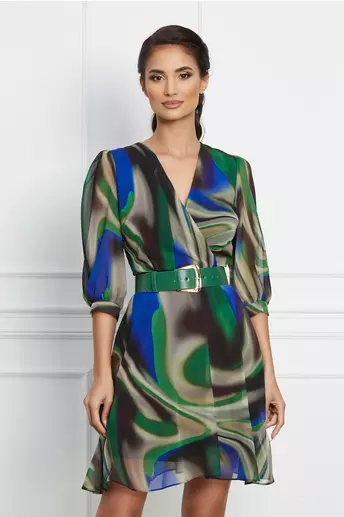 Rochie Lora verde cu imprimeu si curea in talie