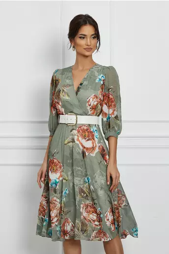 Rochie Lorena kaki cu imprimeuri florale si curea in talie