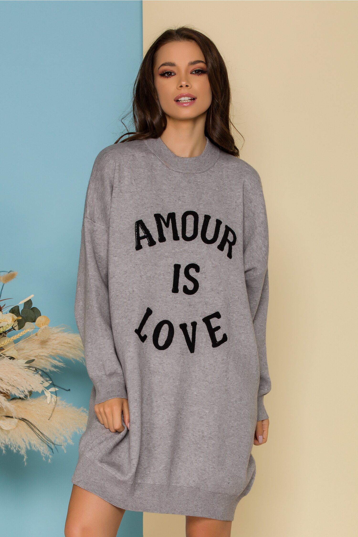 Rochie Love gri casual oversize din tricot