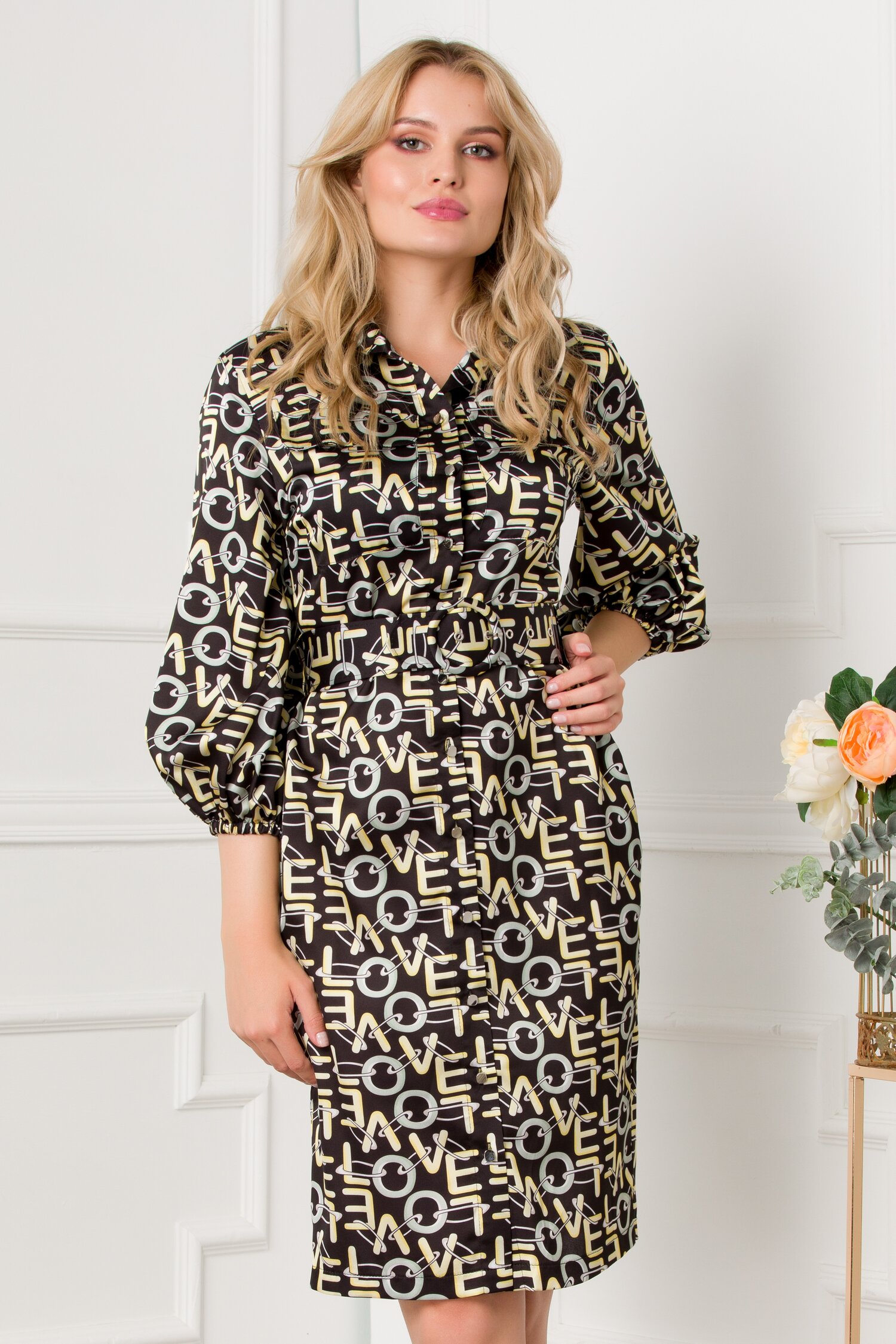 Rochie Love neagra cu imprimeu text