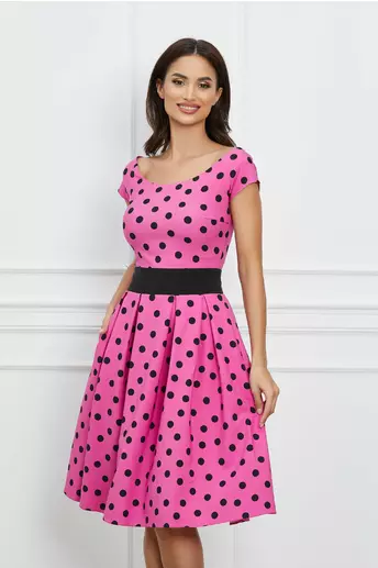 Rochie Luana fucsia cu buline negre
