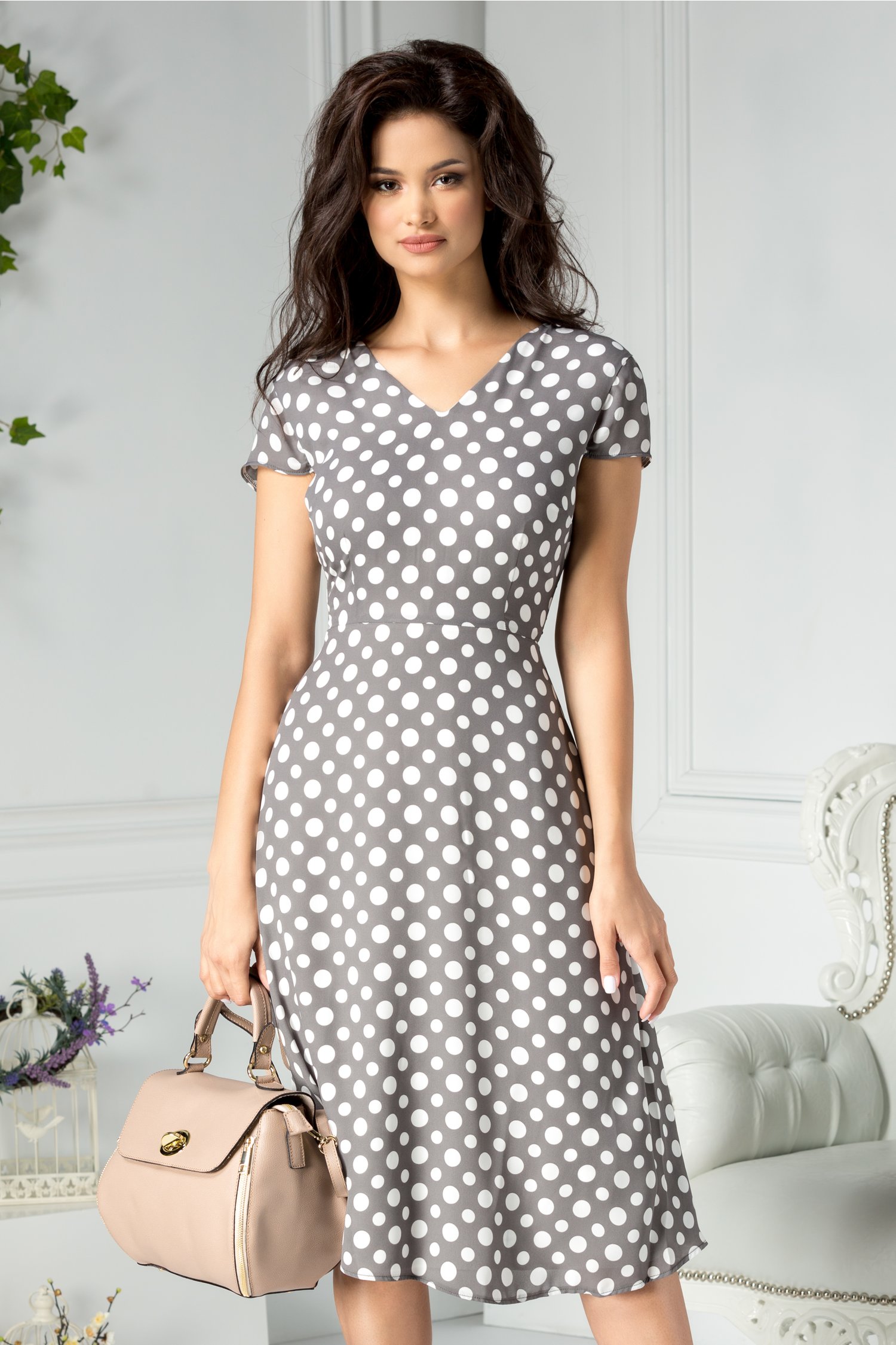 Rochie Lucinda midi de zi gri cu buline albe