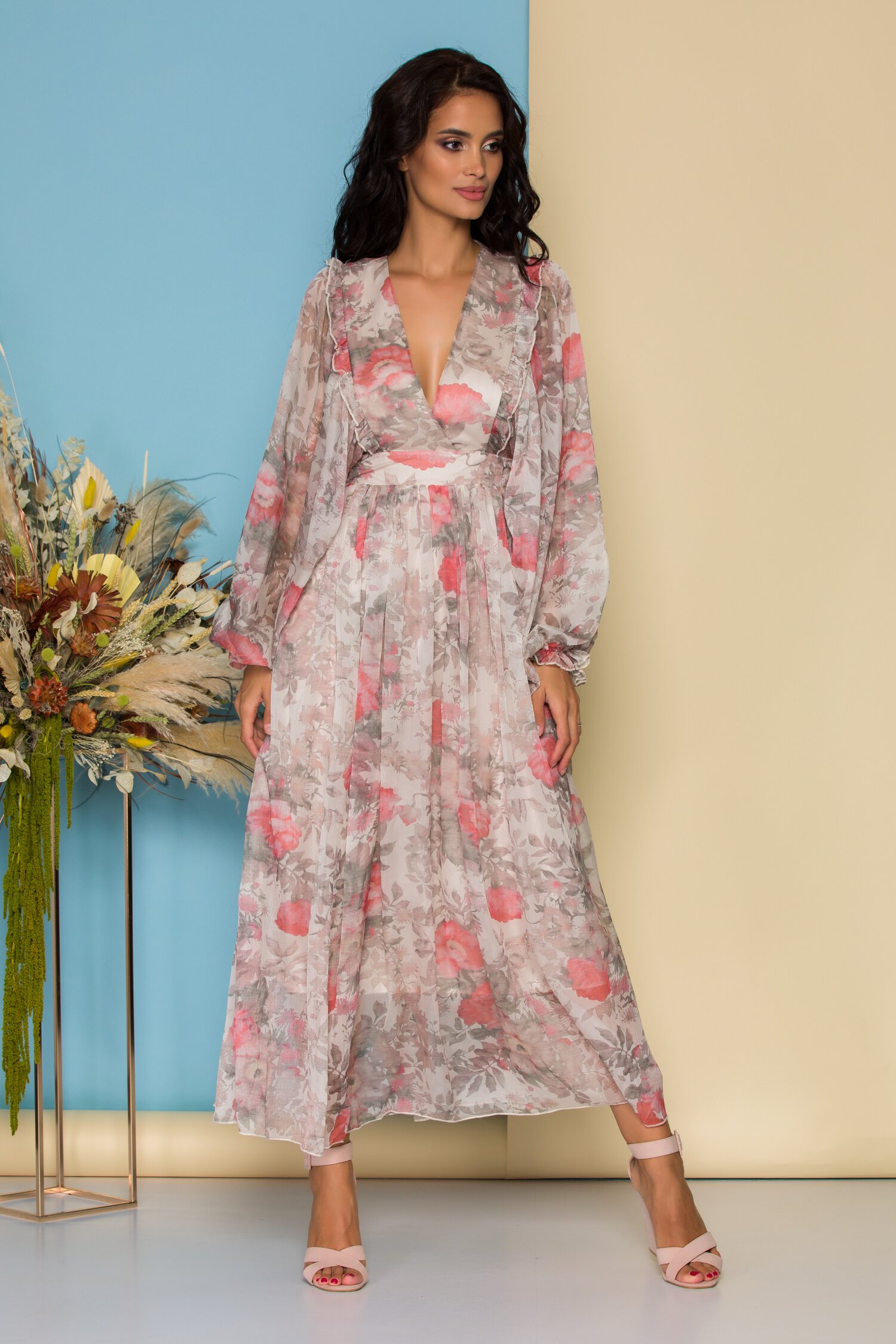 tax cart Paradise Rochie lunga bej cu imprimeuri florale roz - fashion 4me