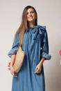 Rochie lunga casual din bumbac albastra cu dungi si funda