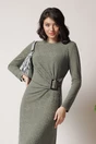 Rochie lunga casual din jerse kaki cu model si catarama in talie